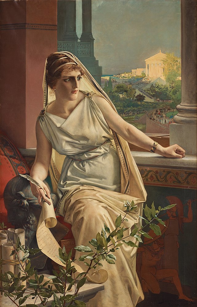 Hypatia by Julius Kronberg, 1889.jpgDipinto a olio del 1889 del pittore svedese Julius Kronberg. Raffigura Ipazia di Alessandria come figura solenne e idealizzata, con tunica chiara e sguardo rivolto verso l’alto, simbolo della filosofia e della sapienza antica.