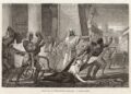 Incisione ottocentesca intitolata La morte della filosofa Ipazia ad Alessandria. Pubblicata inizialmente nel periodico francese Le Voleur Illustré (7 dicembre 1865) e successivamente riprodotta nel volume di Louis Figuier Vies des savants illustres (1866). L’immagine mostra un’interpretazione drammatica e violenta dell’uccisione di Ipazia, con tratti iconografici oggi considerati problematici e intrisi di stereotipi razziali.