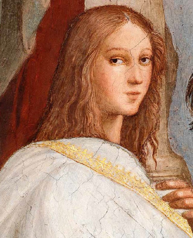 Dettaglio dall’affresco La Scuola di Atene (1509-1511) di Raffaello Sanzio, nelle Stanze Vaticane. La figura femminile in primo piano, tradizionalmente interpretata come Ipazia, potrebbe in realtà rappresentare Francesco Maria della Rovere o, secondo altre ipotesi, il filosofo Pico della Mirandola.